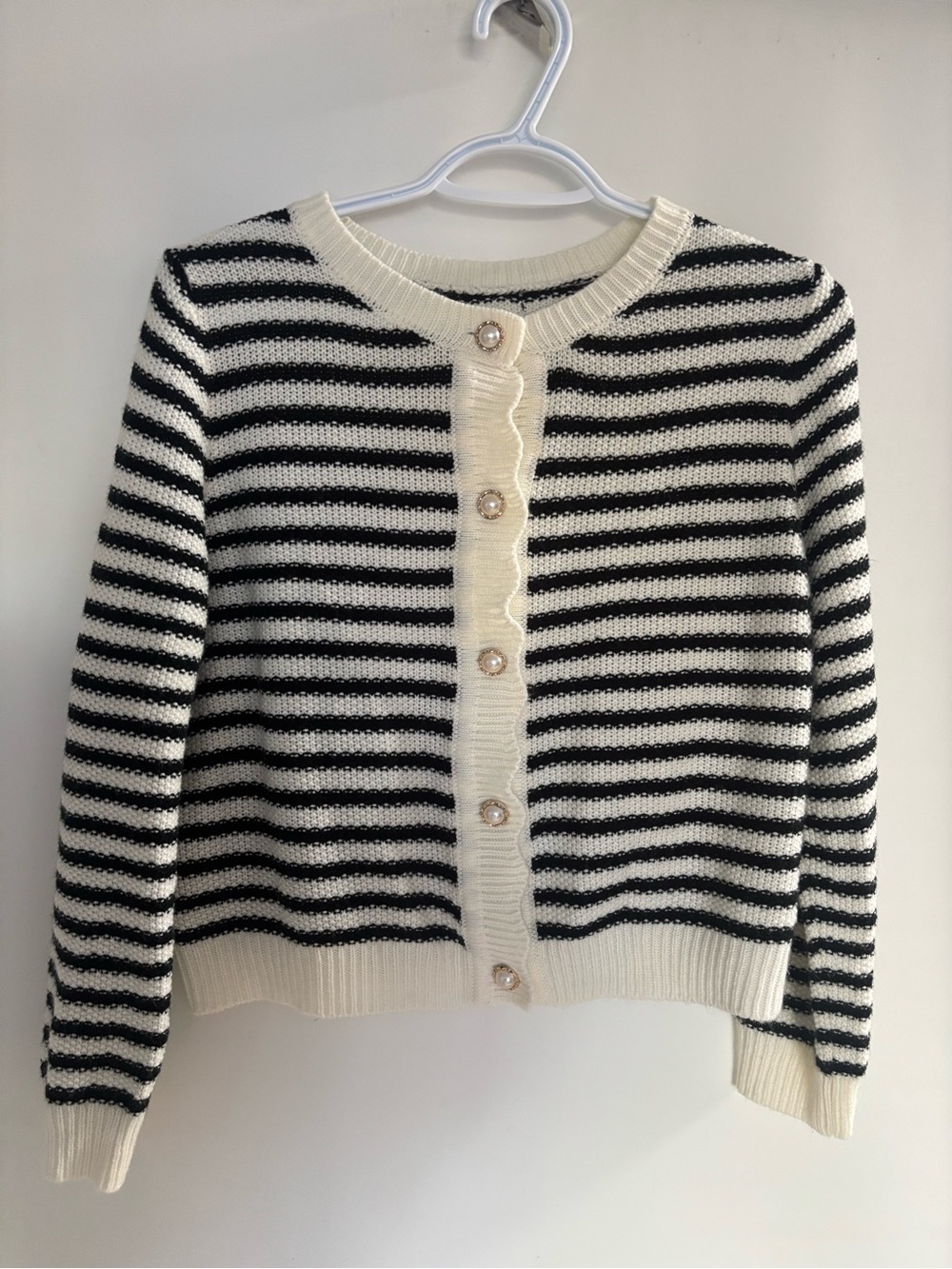 Striped Black and Cream Pearl-Button Cardigan